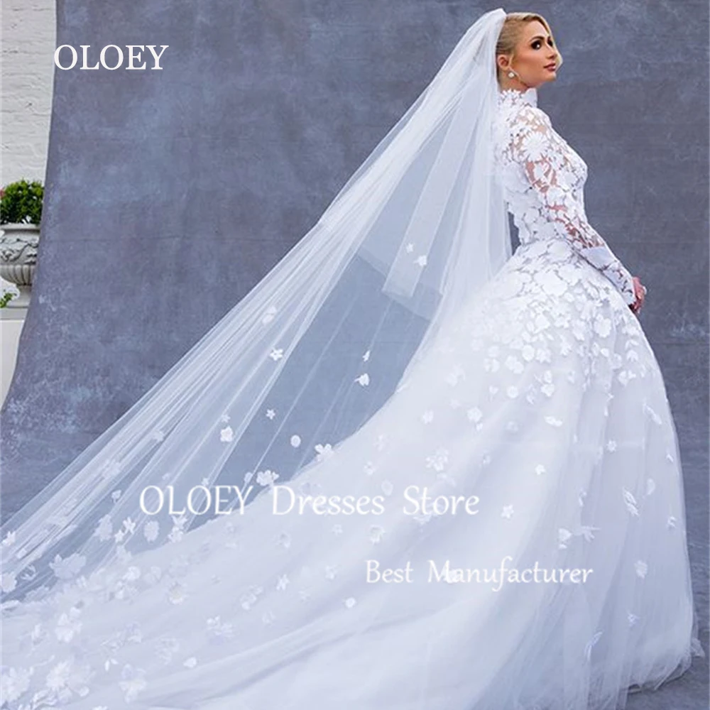 

OLOEY Exquisite Ivory Lace Wedding Dress High Neck Long Sleeves Bridal Gown Zipper Back Custom Made Marriage Long Sweep Train