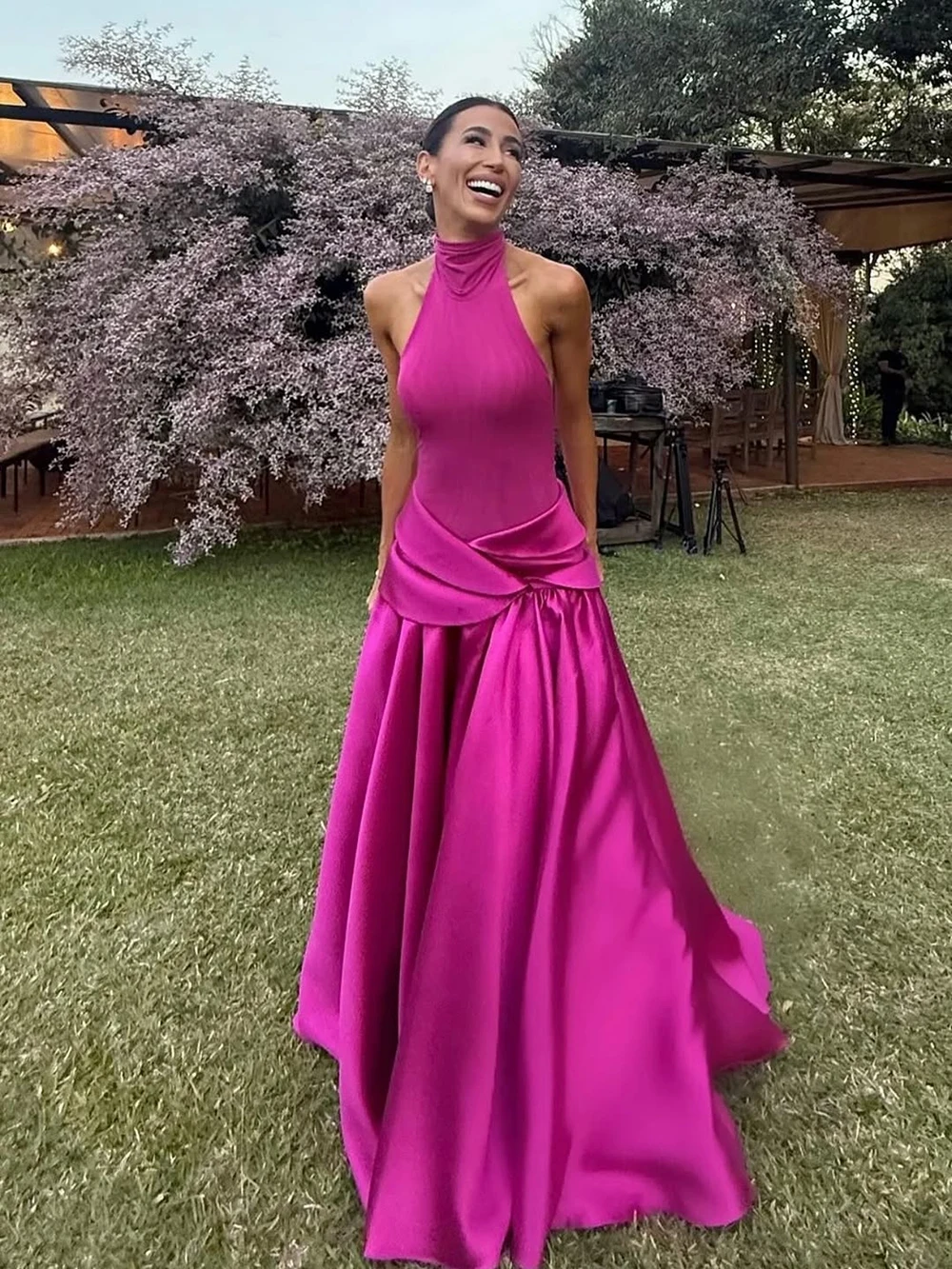 Msikoods Customized Hot Pink Halter Satin Evening Dresses Backless Formal Evening Gown Layered Prom Dress Long Party Dresss - view 3