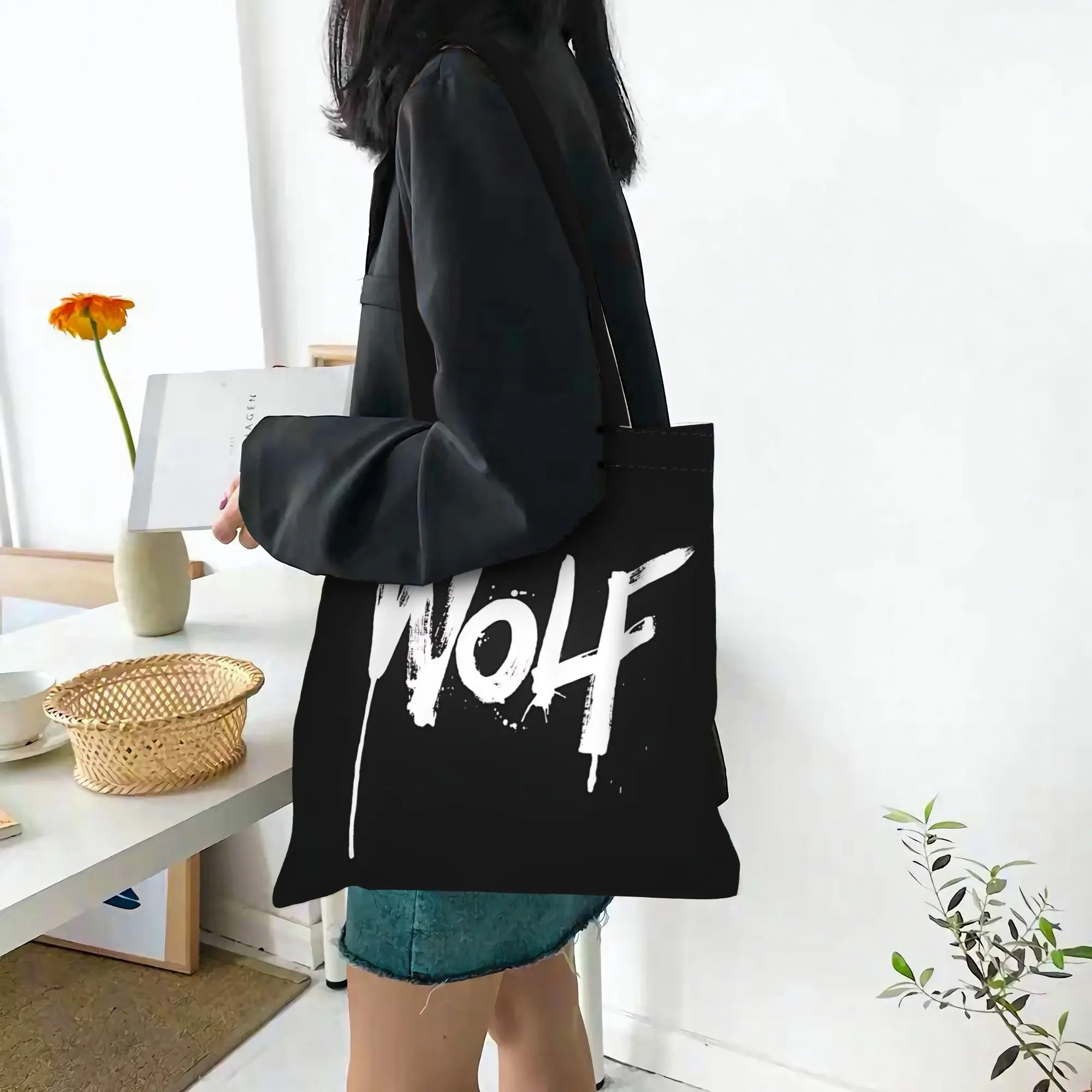 Customized Cool WOLF Women's Bag Shopping Bag Reusable Double Sided Canvas Tote Bag Shoulder  Handbag