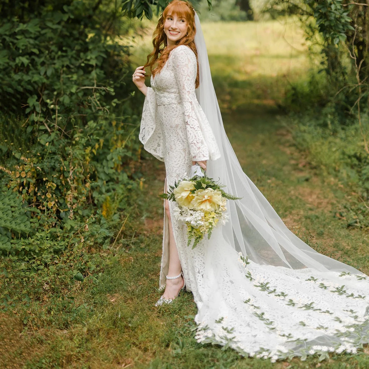 

Green Leaf Wedding Veil Long Flower Boho Bridal Veil Chapel Length One Tier Tulle Ivory Veil Daisy Lace Custom Made