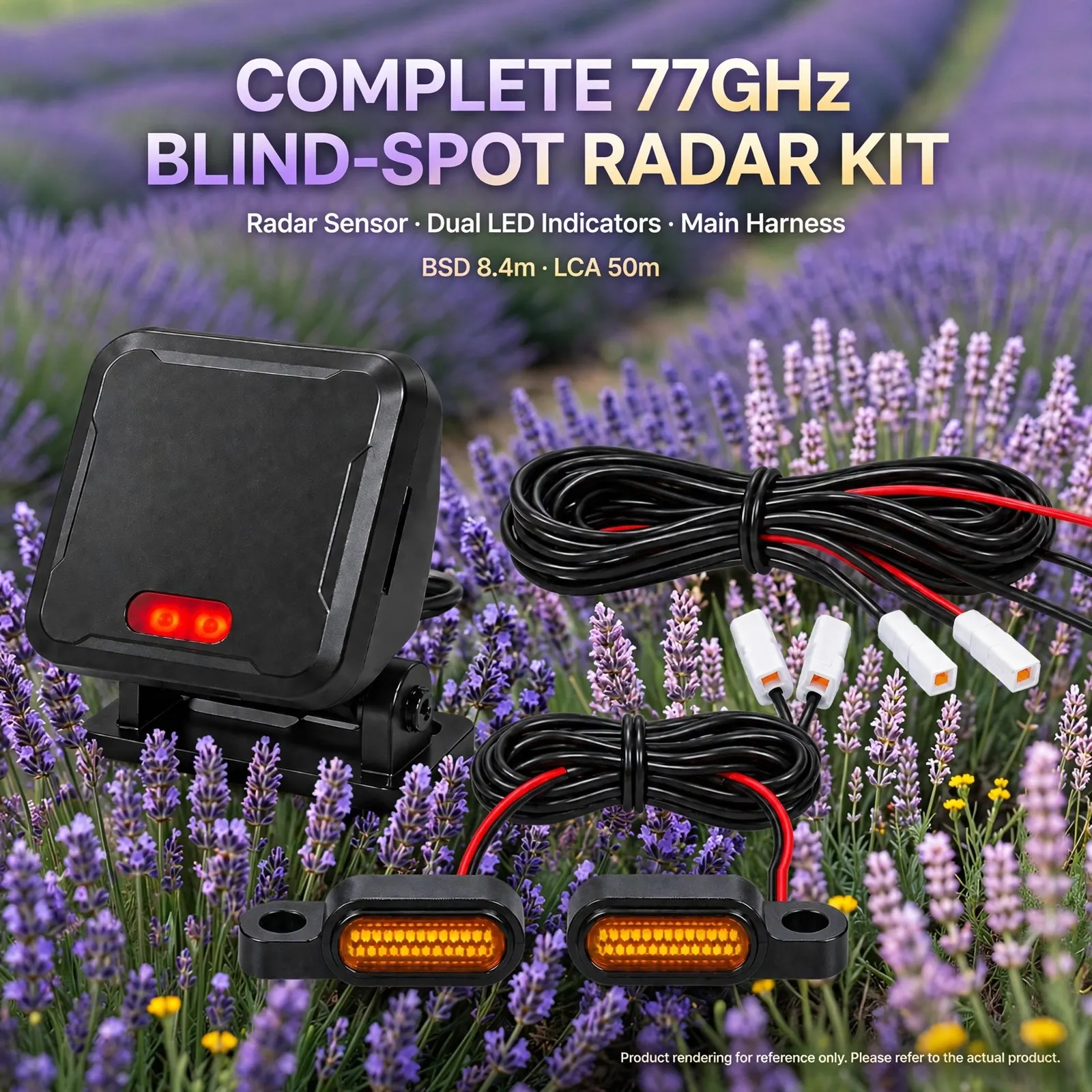 77GHz Motorcycle Blind Spot Monitoring Radar System with Dual LED Warning Indicators – Up to 70m Rear Detection, BSD 8.4m, LCA 5