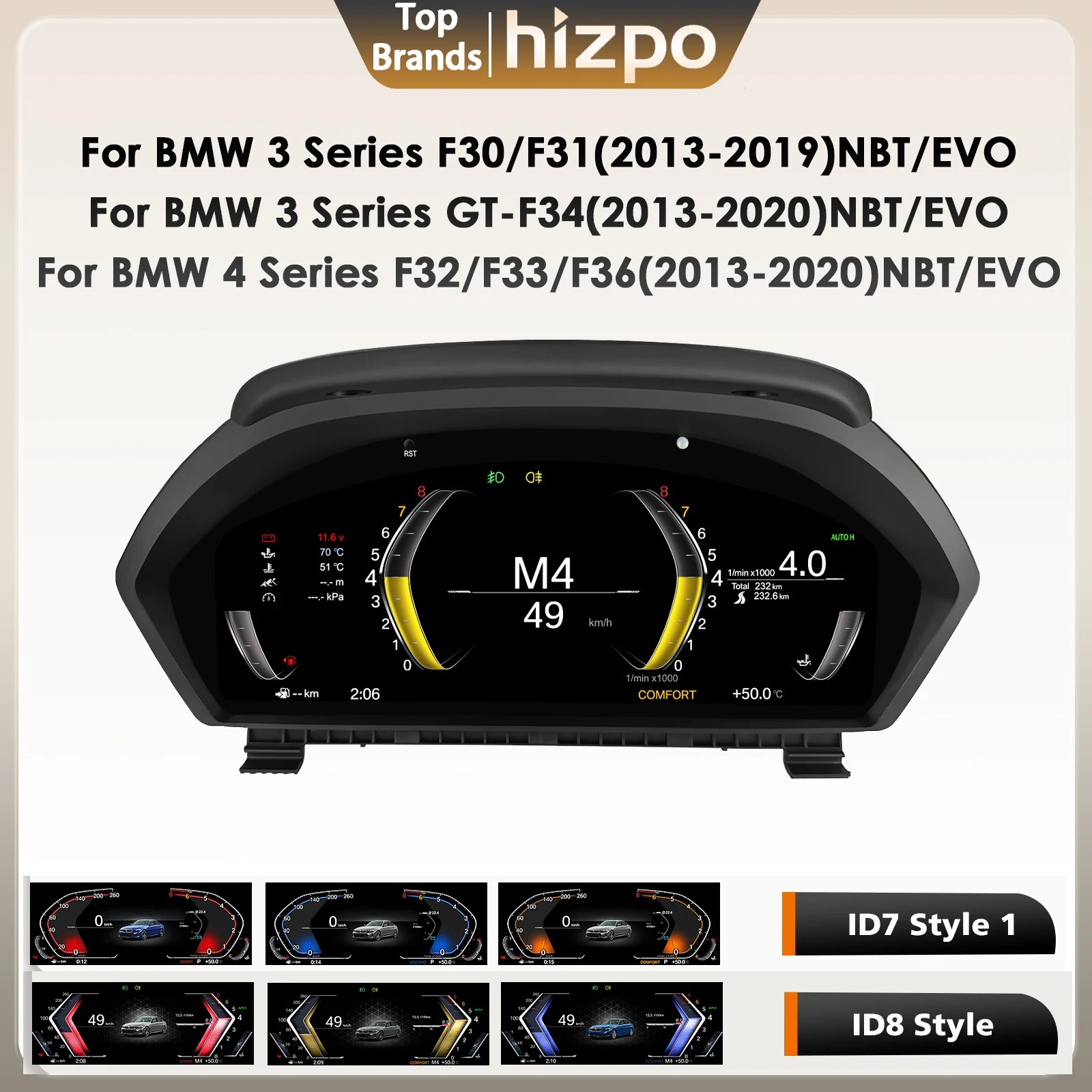 Hizpo Digitales Armaturenbrett für BMW 3er F30/F31 GT-F34 NBT/EVO und BMW 4er F32/F33/F36 NBT/EVO Digitales Kombiinstrument Tachometer