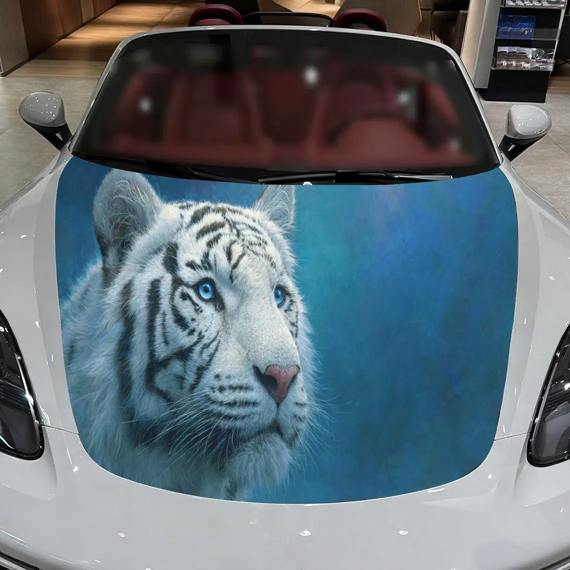 

Car Decals A White Tiger In Enigmatic Close - Up With Piercing Gaze And Mystical Blue Backdrop Car Hood Sticker, Waterproof Self