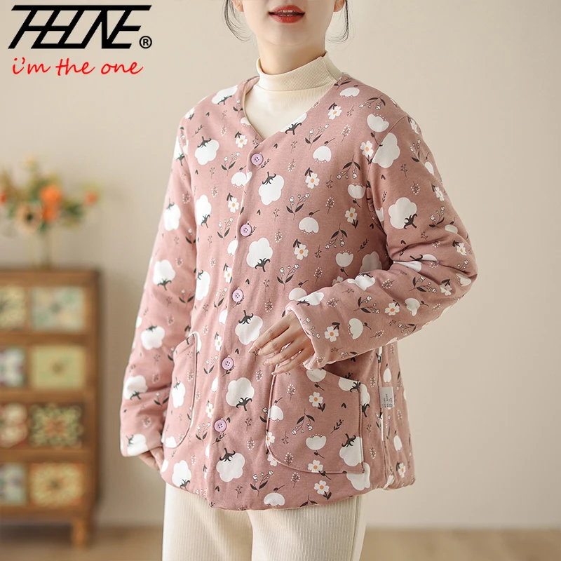 THHONE سترات شتوية سترات للنساء واحدة الصدر مبطن القطن الدافئة خمر طباعة الأزهار طويلة الأكمام معطف فضفاض ملابس خارجية