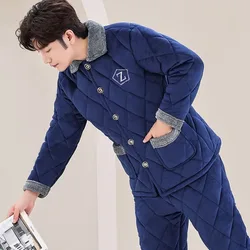 2023 neue Nachtwäsche Herren Winter Korallen Samt drei schicht ige Baumwolle lose Lounge wear verdickt Flanell V-Ausschnitt warm Homewear Set