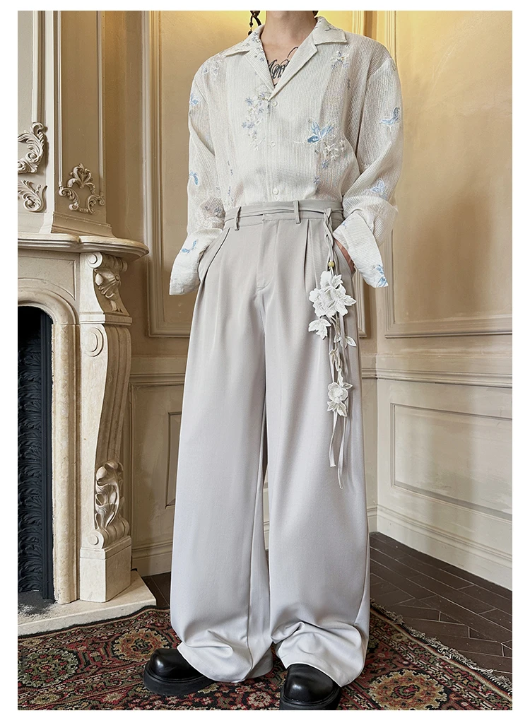 2025 Men's Summer New High-End Loose Comfort Suit Pants Embroidered Straight-Leg Trousers Male Handsome Solid Color Zipper Pants