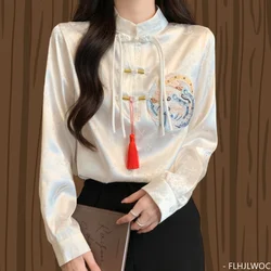 Chinese Style Stand Collar Design Bow Tie Embroidery Tops Blouses Woman New 2024 Spring Retro Vintage Button Basic White Shirts