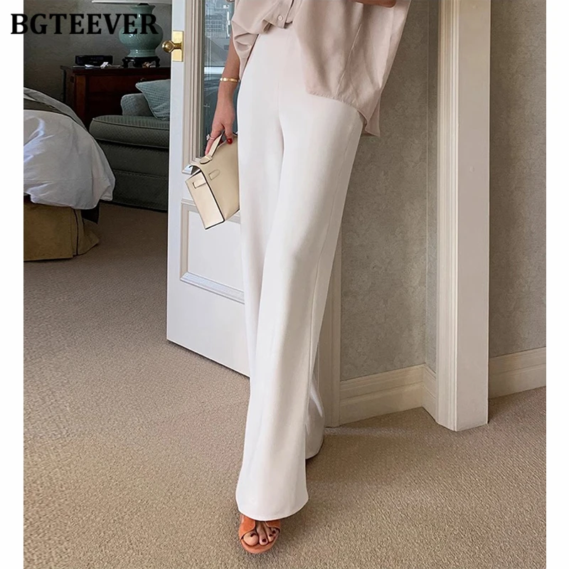 BGTEEVER Casual Straight Ladies Trousers Spring Summer Loose Pockets Wide Leg Suit Pants for Women