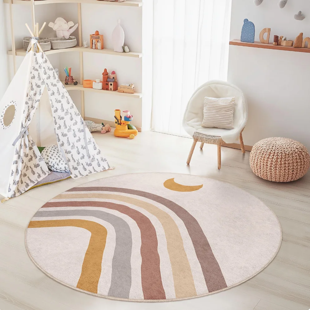 Round Kids Room Cute Geometric Theme Area Rug Rainbow Cloud Mat Non Slip Soft Safe Stylish for Bedroom Playroom Home Decor