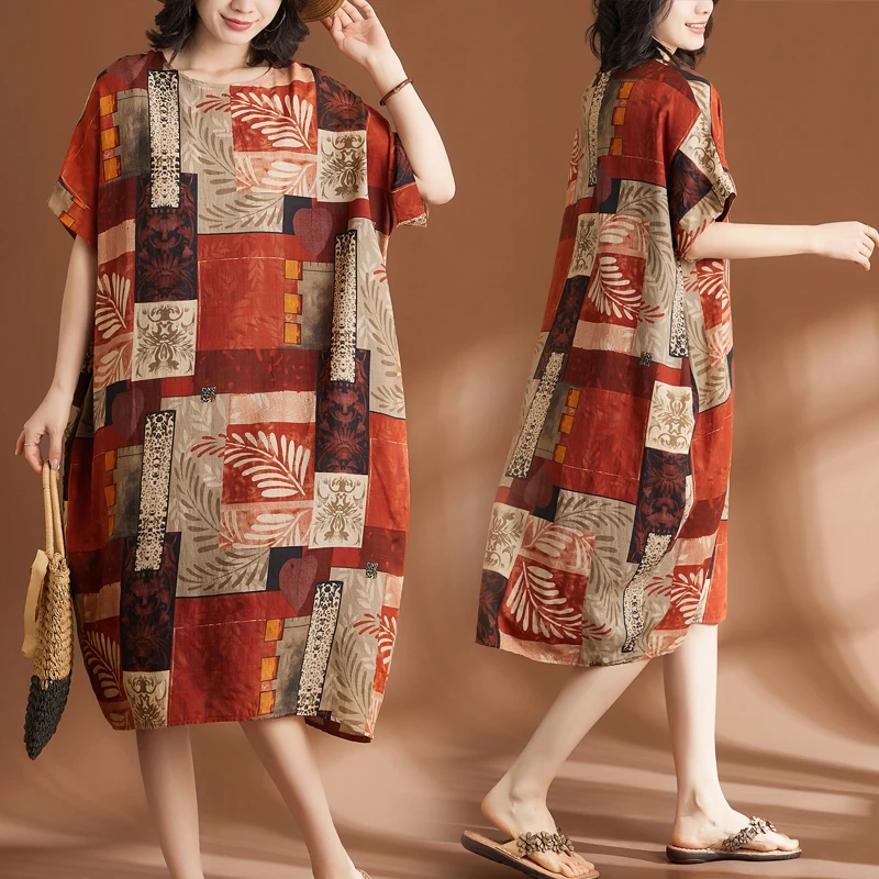 

plus Size Women's Clothing Comfortable round Ne Dr Thin Breathable Linen Retro Ethnic Sle Dr Summer Casual Dr