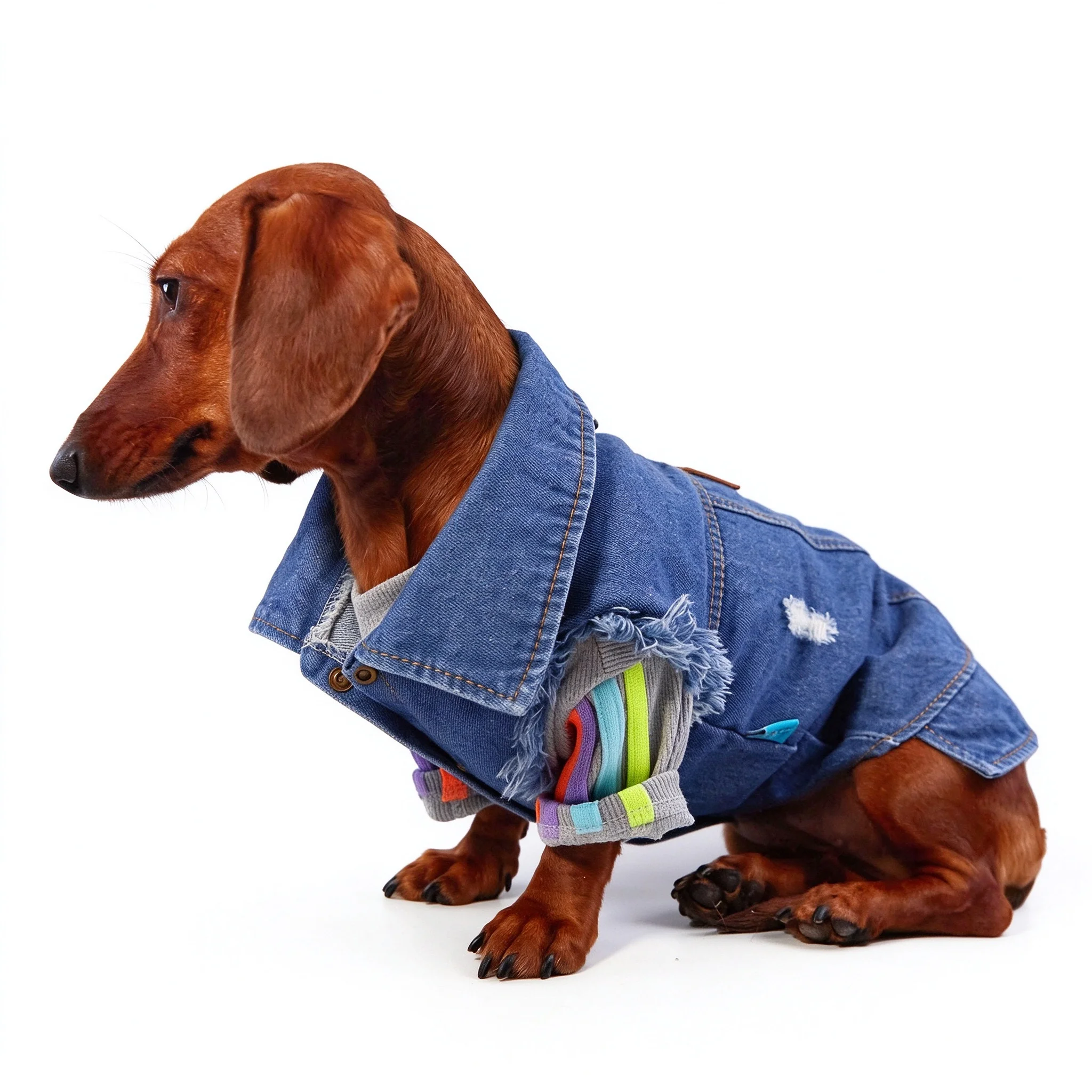 Blauw T-shirt met jeansprint voor Wienerhonden, geschikt voor lente en herfst, met korte mouwen, een modieuze outfit voor Wienerhonden, en een zacht vest voor Dachshonden.