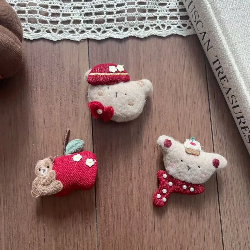

Premium Handmade Red Apple and Bear Hair Clip Brooch Cartoon Fruit Fabric Plush Toy for Shoes Hat Accessory
