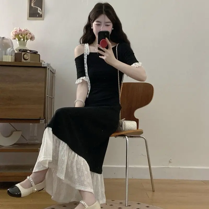 Vestido de Verano de Manga Corta Estilo Francés Vintage, Vestido Midi Negro Elegante para Mujer, Corte A, Ajustado, Hombros Descubiertos, para Fiesta