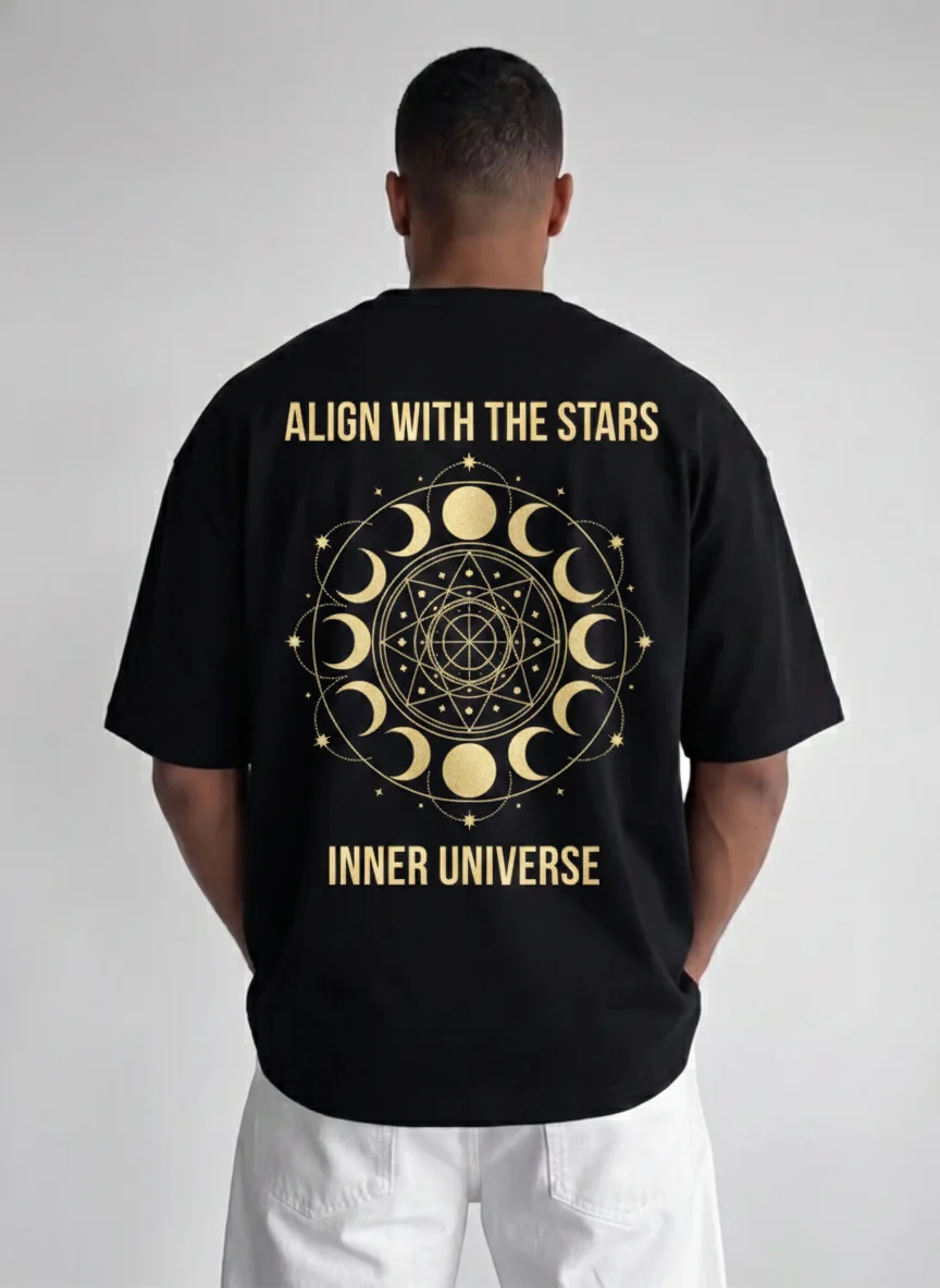 

Black Celestial Graphic Tee with Gold Moon Phases Mandala Printed Tee Astrology Aesthetic Tee Unisex Casual Wear Oversized