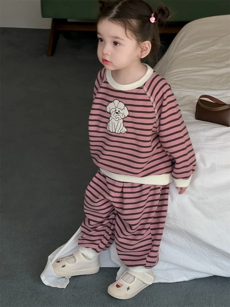 2024 Autumn New Baby Casual Striped Clothes Set Infant Girl Long Sleeve Cartoon Sweatshirt + Pants 2pcs Suit Toddler Outfits