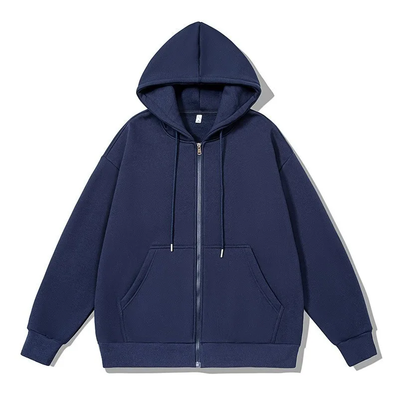 High Street Hoodie Men Solid Color Zip Up Long Sleeve Loose Jacket Coats Casual Hooded Sweatshirt Y2K Fashion Outdoor Clothes ﻿