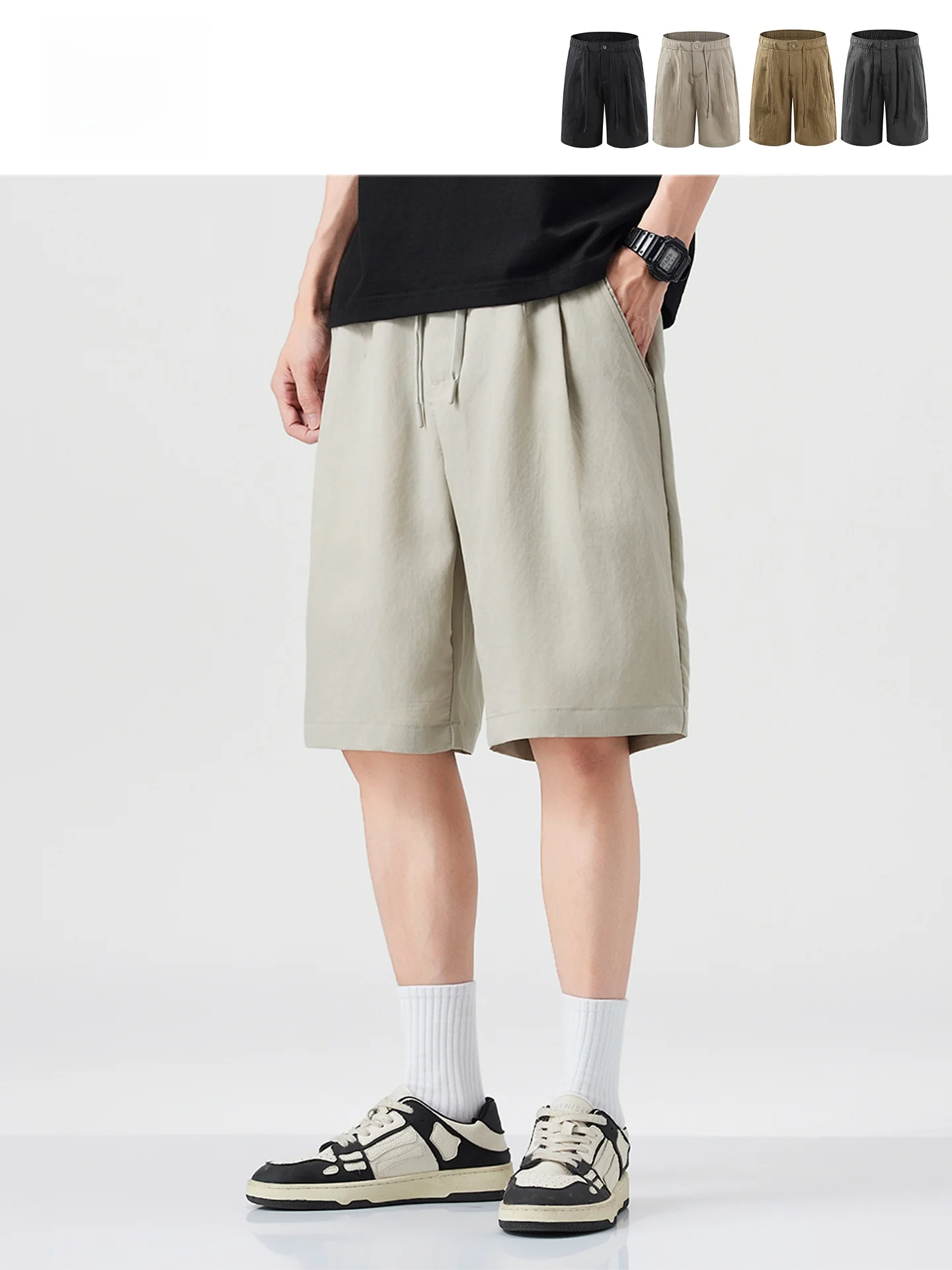 

GPstudio American Style Casual Sporty Men's Short Pants Cool Feeling Lyocell Short Shorts Loose Five-Quarter Length