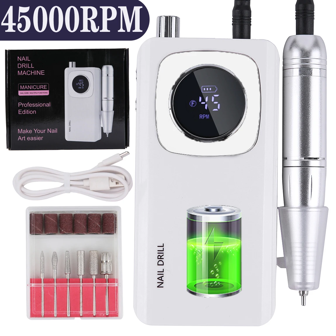 

45000RPM Nail Drill Machine Electric Portable Nail File Rechargeable Nail Sander for Gel Nails Polishing For Home Manicure Salon