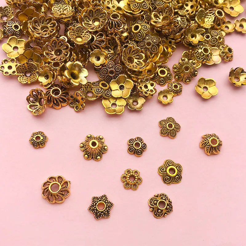 100 Pieces Ancient Gold Alloy Hollow Flower Tray Bead Cap Tray Ancient DIY Step-by-step Hairpin Hair Crown Accessories Wholesale