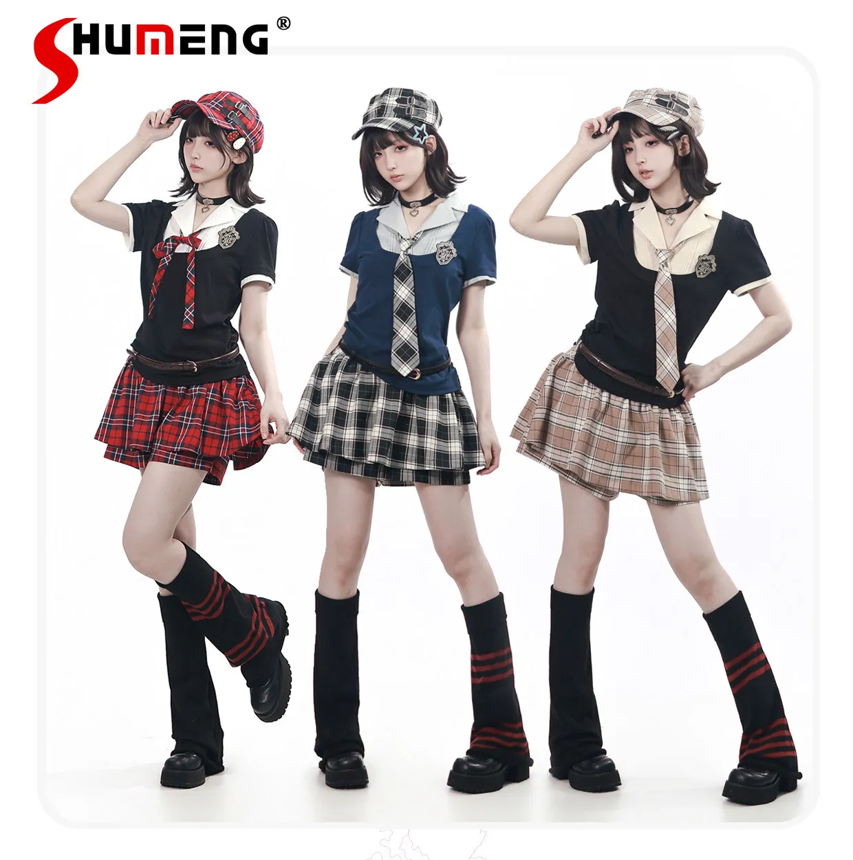 

College Style Y2k Plaid Skirt Suit Summer New Student Cute Short-sleeved T-shirt Top Short Skirt Outfit Women's Matching Sets