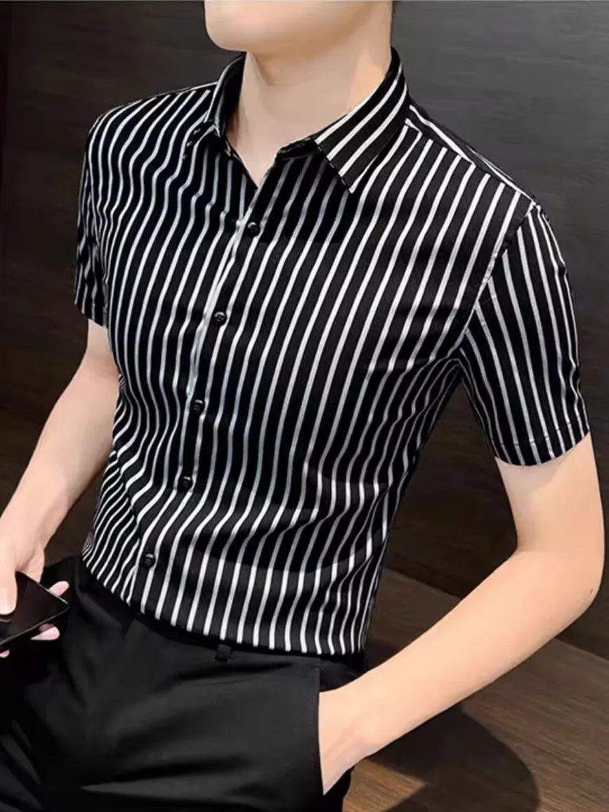 

Ice Silk Stripe Men's irt ort Sve Summer High Sensation 2025 New Busin Casual Elastic irt Cool Feeling Busin G...