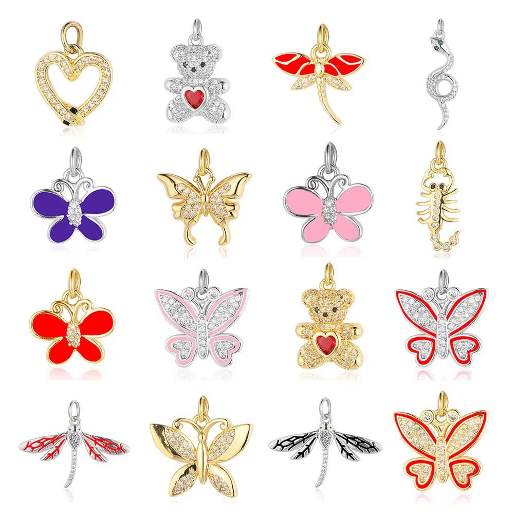 3pcs/Lot Snake Heart Copper Zircon DIY Jewelry Charms Wholesale Enamel Butterfly Dragonfly Women Bracelet Earring Making Charm