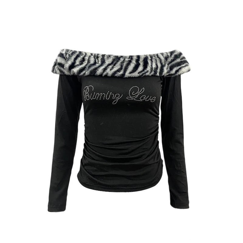 Women's Y2K Slim Fit Leopard Print T-Shirt Long Sleeve Short Style Navel Exposure Summer Top Sexy Letter Drill Detail