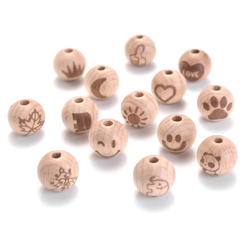 10/50Pcs 16mm Natural Wood Beads Cartoon Animal Heart Patter Round Spacer Wooden Lead-Free Balls Charms For Jewelry Making