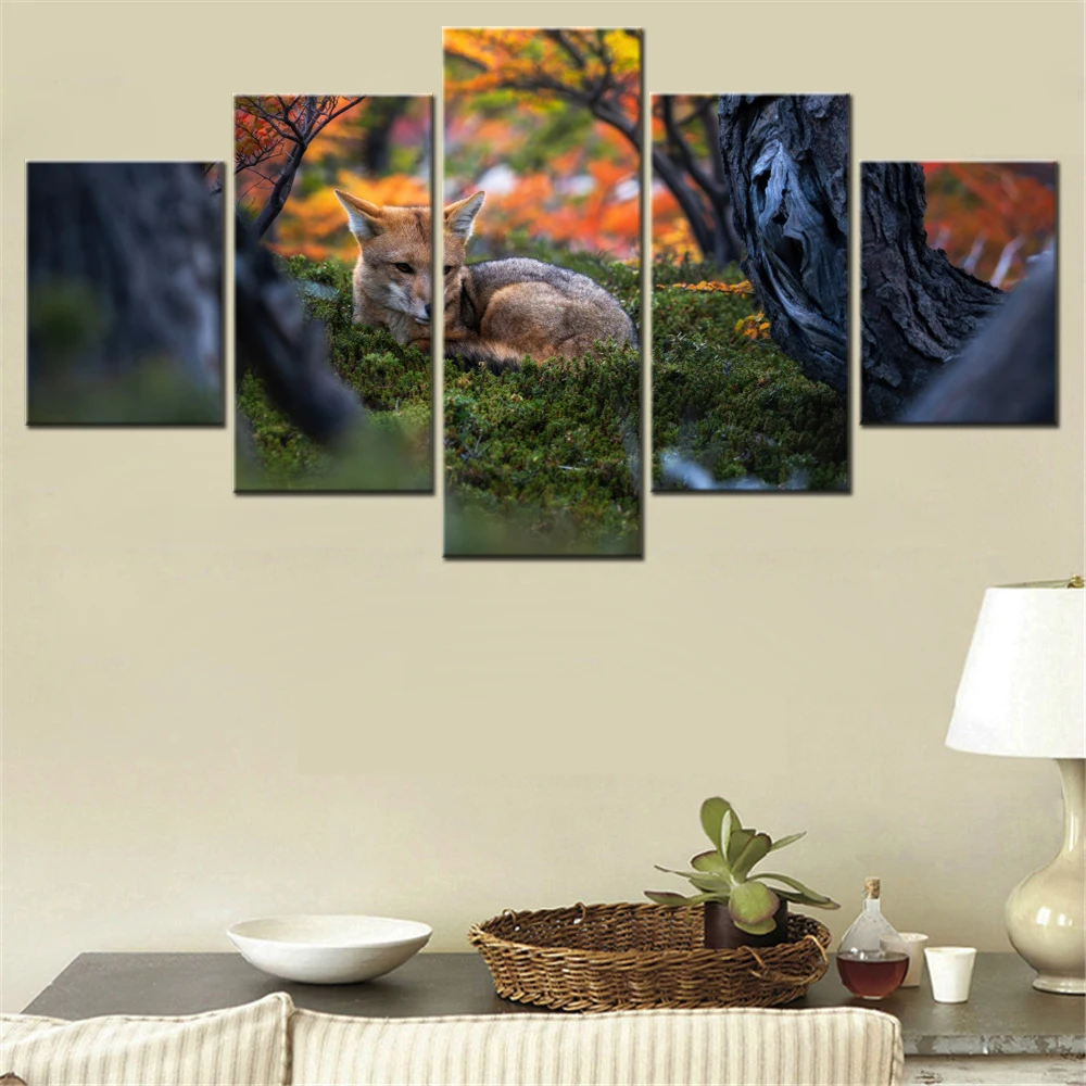 

5 Pieces Canvas Wall Arts Poster Painting Animals Patagonian Fox Wildlife Wallpaper Colorfull Home Decorative Picture Printing