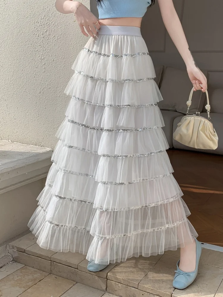SMTHMA Mode Kuchen Rock Neue Frühling Sommer Layered Mesh Hohe Lose Enge Taille Süße Weiße Prinzessin Langen Rock