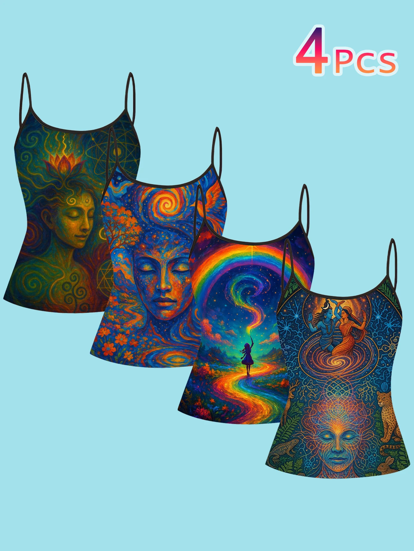4-Pack of Women's Spiritual Art Print Camisoles with Lotus Meditation Images, Rainbow Light Path, Mythological Symbols, Slim-Fit Spaghetti Strap Inner Tops