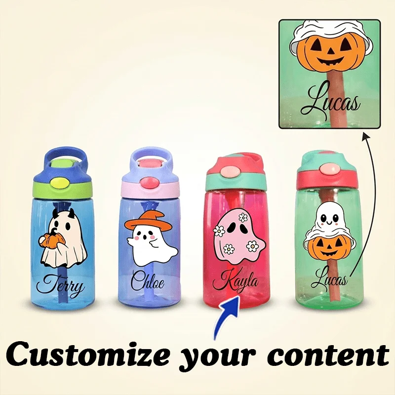 Halloween Custom Name Plastic Tumbler, Heat Transfer Print Spill-Proof Straw Travel Mug, Cute Party Favor Gift For Adults