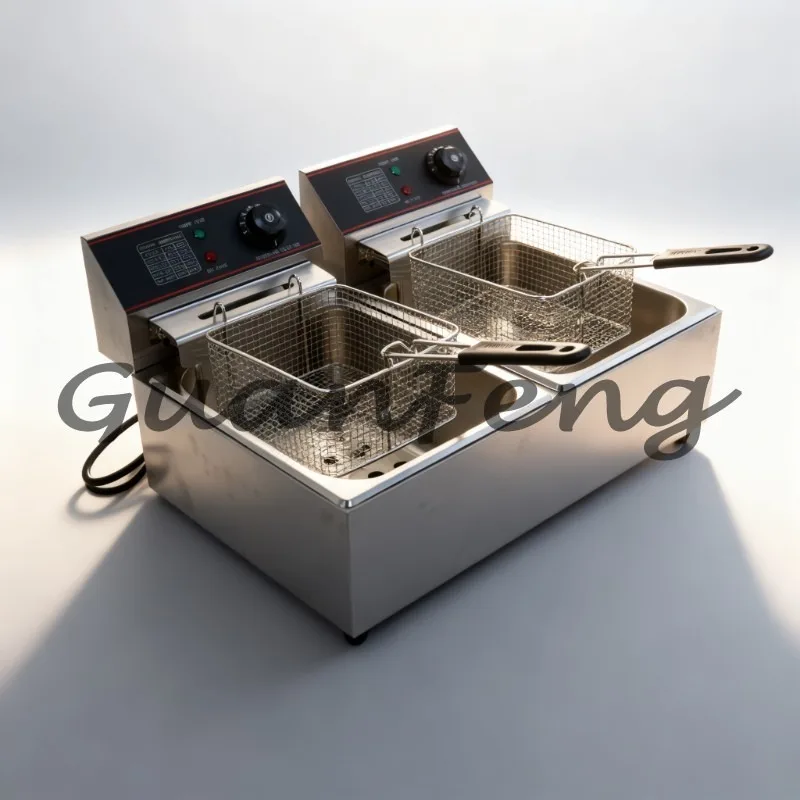 Hot Stainless Steel Double Tank Fryer, Commercial Countertop Electric Chip Fryer with Double Baskets