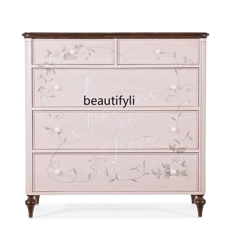 

French retro living room wall solid wood storage cabinet American painted high-end locker bedroom drawer cabinet