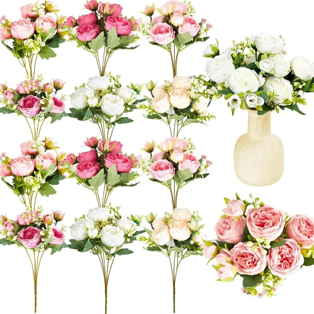 

12 Bundles Artificial Peonies Flowers Bouquet Fake Peony Stems for Vase Floral Arrangements Wedding Home Table Decoration