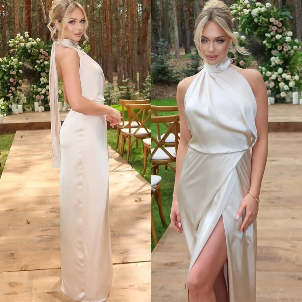 

Customized Elegant Satin Halter Evening Dress Classic Straight Prom Dresses Temperament Side Slit Special Occasion Gowns