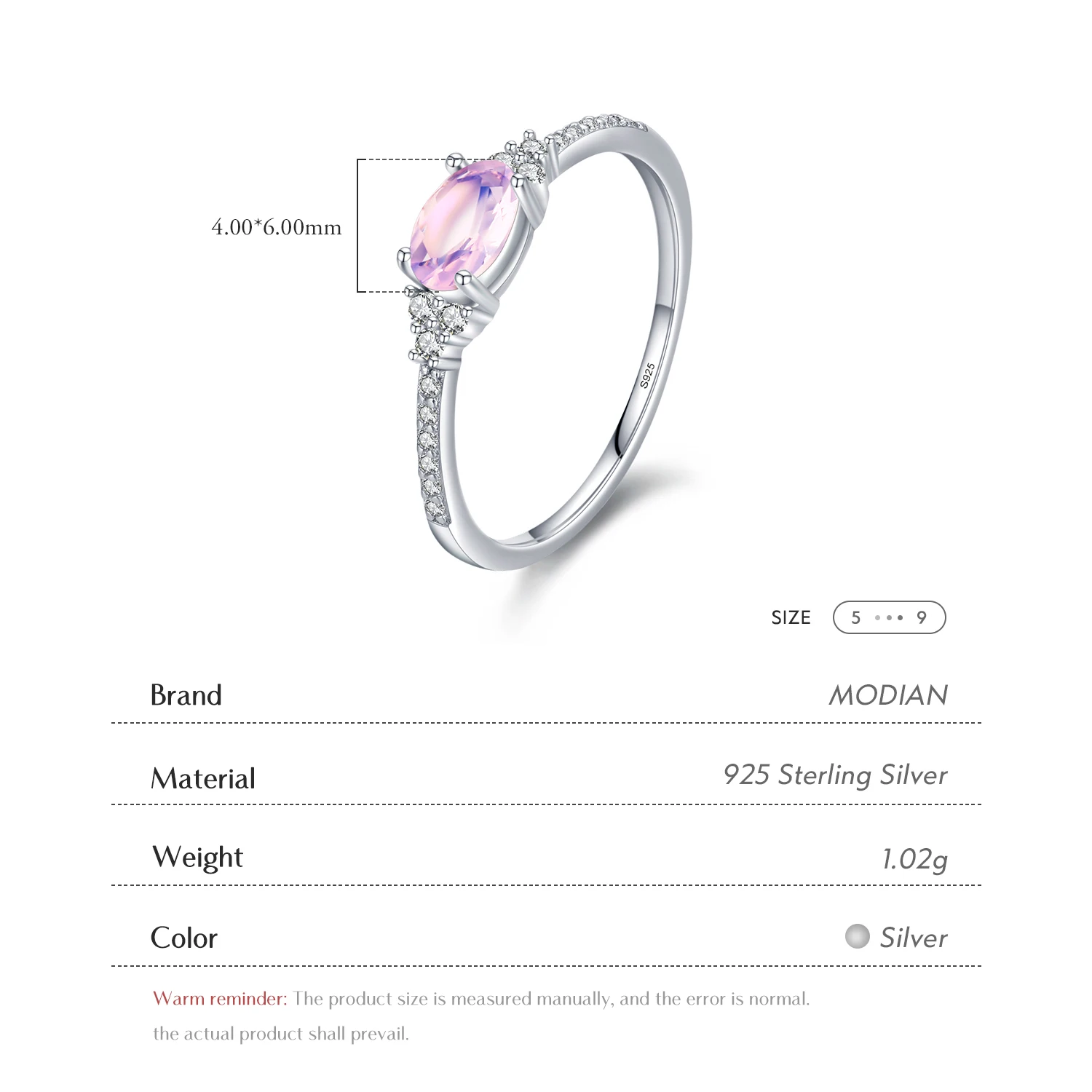 MODIAN 925 Sterling Silver Pink MoonStone Elegant Stackable Finger Ring Eternity Bands for Women Christmas Gifts Fine Jewelry
