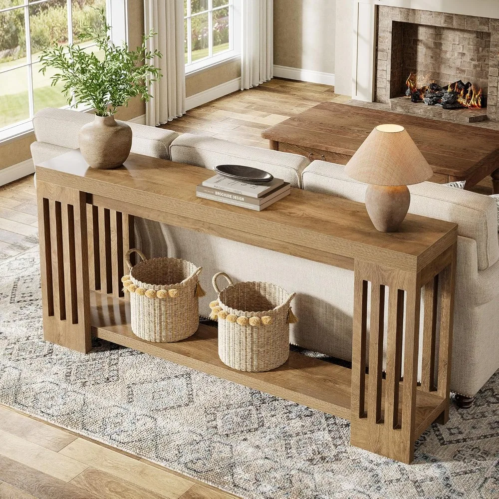 2-Tier Extra Long Entryway Table, 70.9-Inch Farmhouse Console Table with Vertical Stripe Legs and with Open Shelves