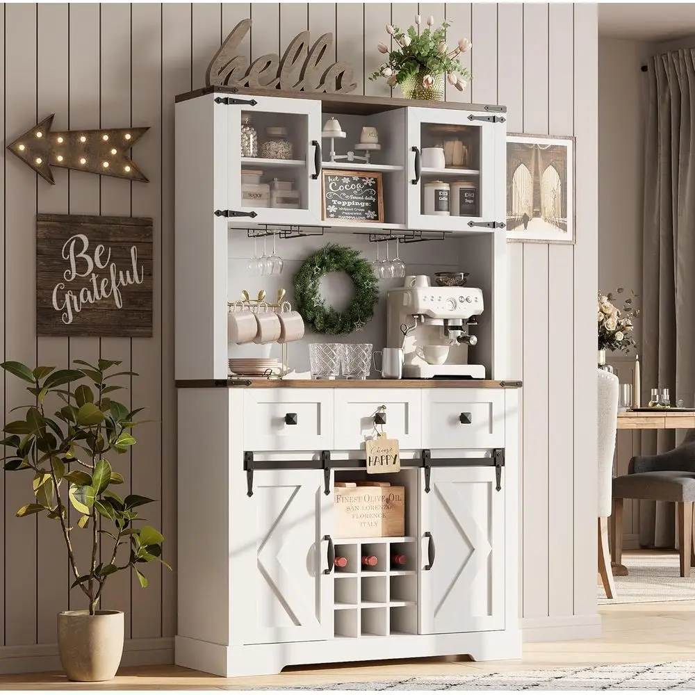 

72-Inch White Kitchen Pantry Cabinet with Hutch, Sliding Barn Door, and Coffee Bar Storage