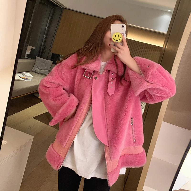 

2024 Winter New Sle Women's ort Motorcycle Wind Particle Fce Lamb Fur Coat Real Leather Jaet Commute Sle Zipper Cl...