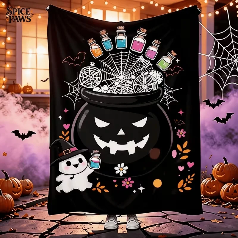 Soft Flannel Throw Blanket,Halloween Witch Cauldron Potion Bottle Ghost Bat Print,Comfortable Decor Blanket for Sofa Bed