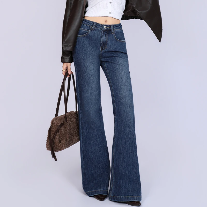 Classic All-match Dark Wash Bootcut Jeans for Women Casual Mid Waist Regular Fit Denim Pants Vintage Wide Leg Denim Trousers