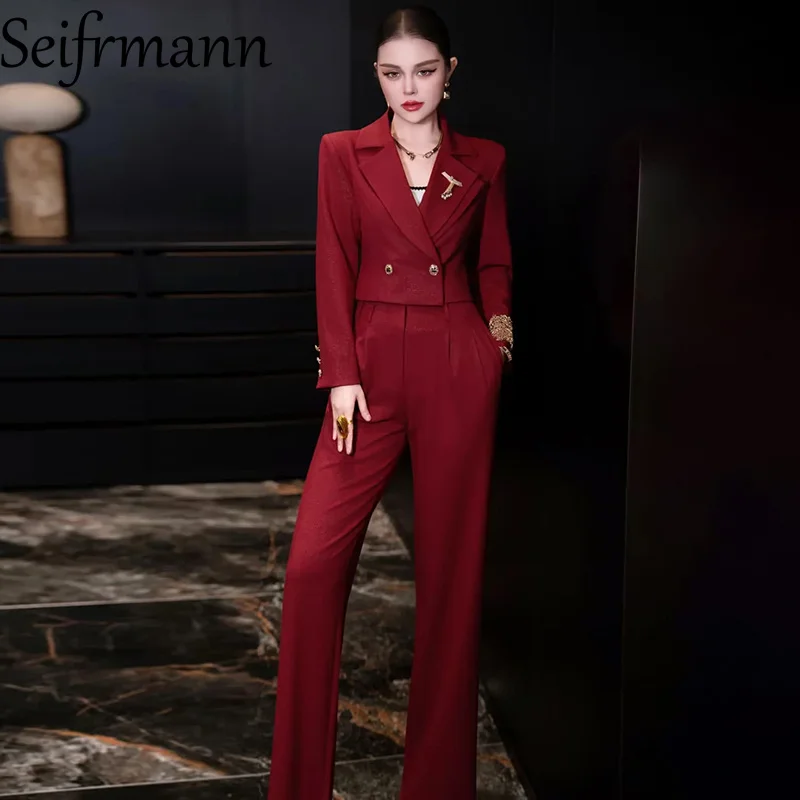 

Seifrmann 2026, весеннее женское новое модное короткое пальто с длинными рукавами и прямыми брюками, комплект из двух предметов