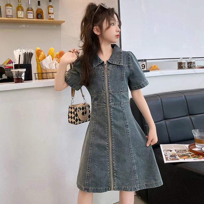 

24 Summer teen girls French Vintage Denim Dress 120-170 design fashion zipper junior kids dresses Casual One piece skirt clothes