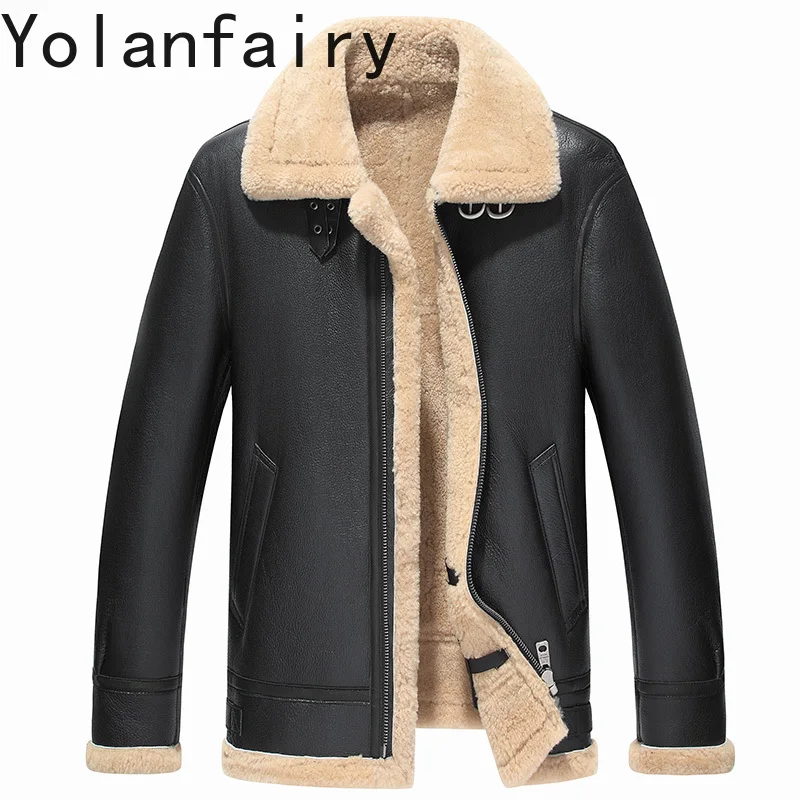 YOLANFAIRY Real Sheepskin Genuine Leather Jacket Man Winter Top Quality Natural Fur Coat Men Casual Warm Wool Fur Coats Jackets