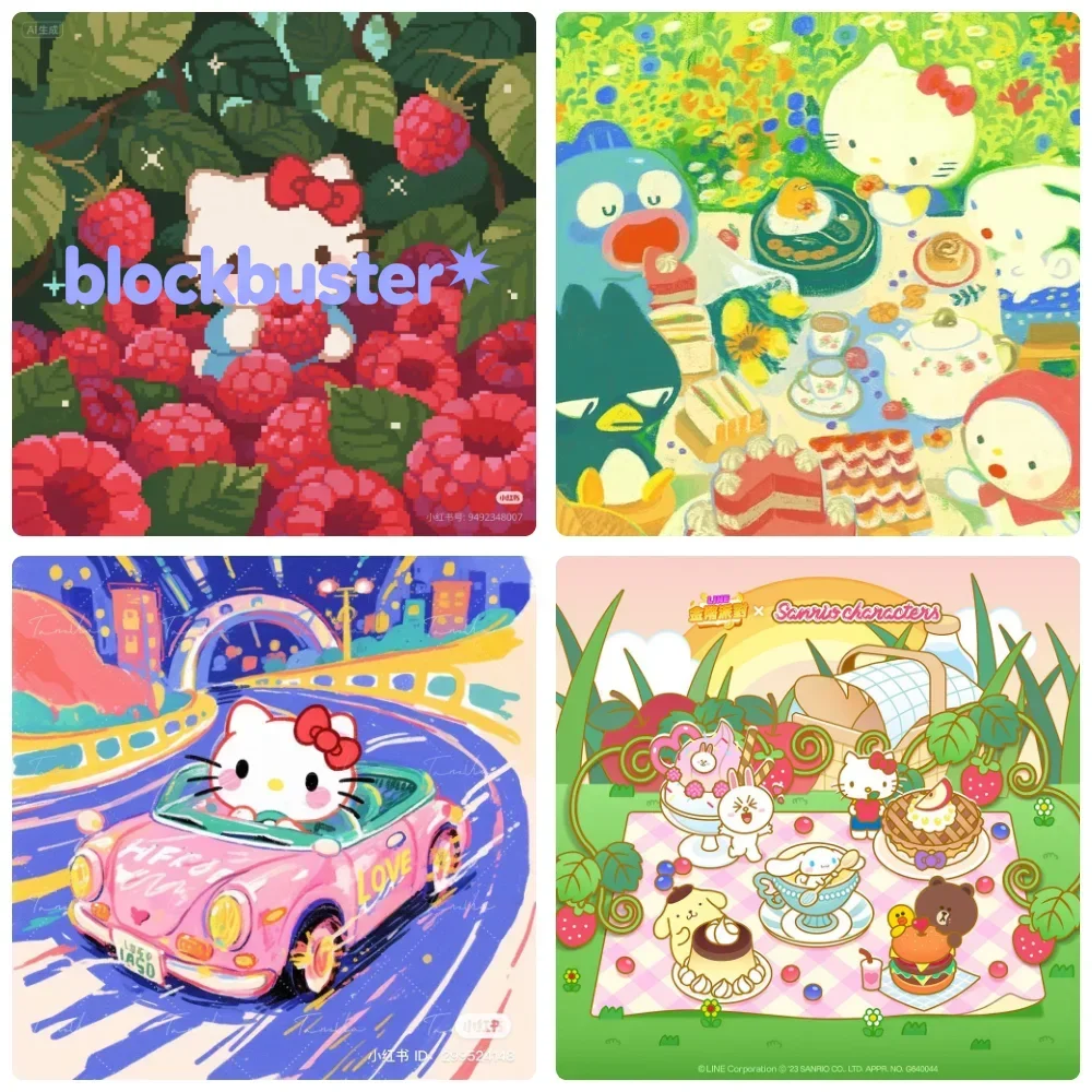 Pintura de Diamantes Sin Marco, Mosaico Artesanal con Escenas de Sanrio, Tema de Picnic en un Jardín de Frutas, Ideal para Col