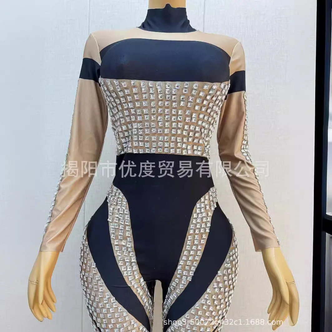 DJ Reception Long-sleeved Personality Tight Glam Rhinestone Jumpsuit Female Singer Night Party Performance Square Pants Vestidos