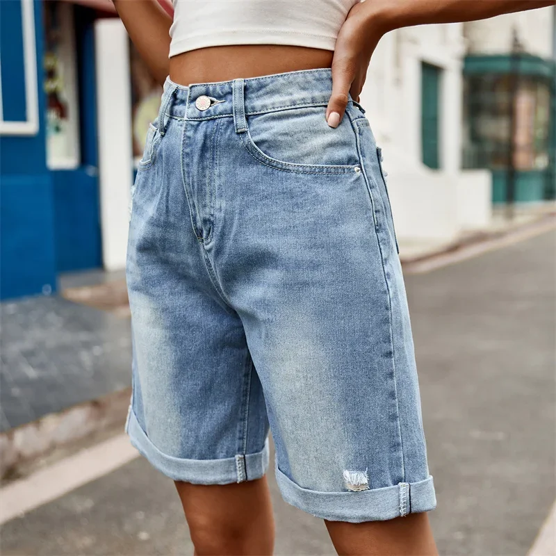 Women New Fold Over Trouser Legs Denim Shorts Women Broken Holes Five Quarter Pants Female Casual High Waist Mini Straight Jeans