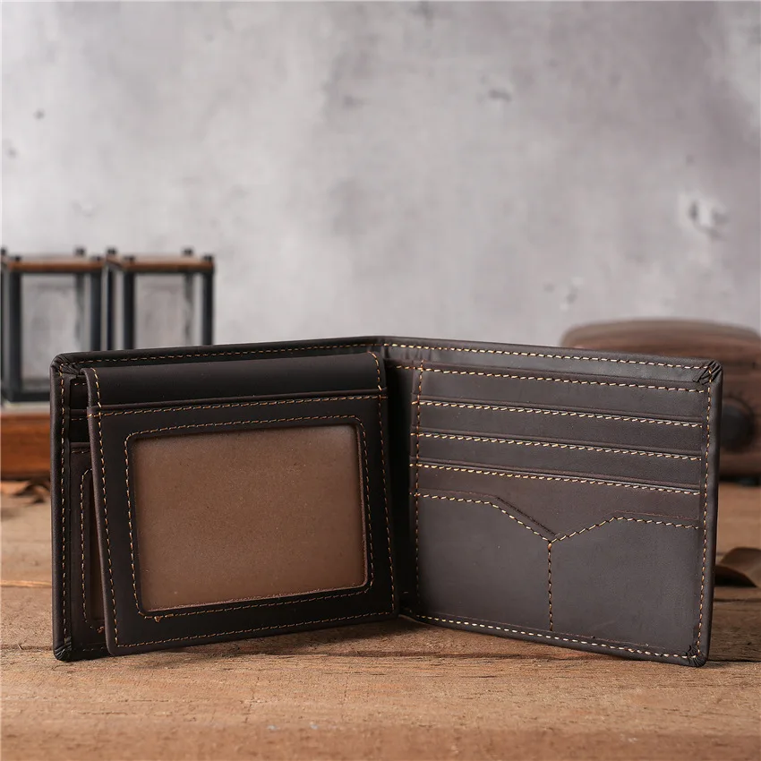 1128/1129 Men's Bifold Short Leather Wallet, Retro Top Layer Cowhide Wallet, Multi Slot Crazy Maka Bag