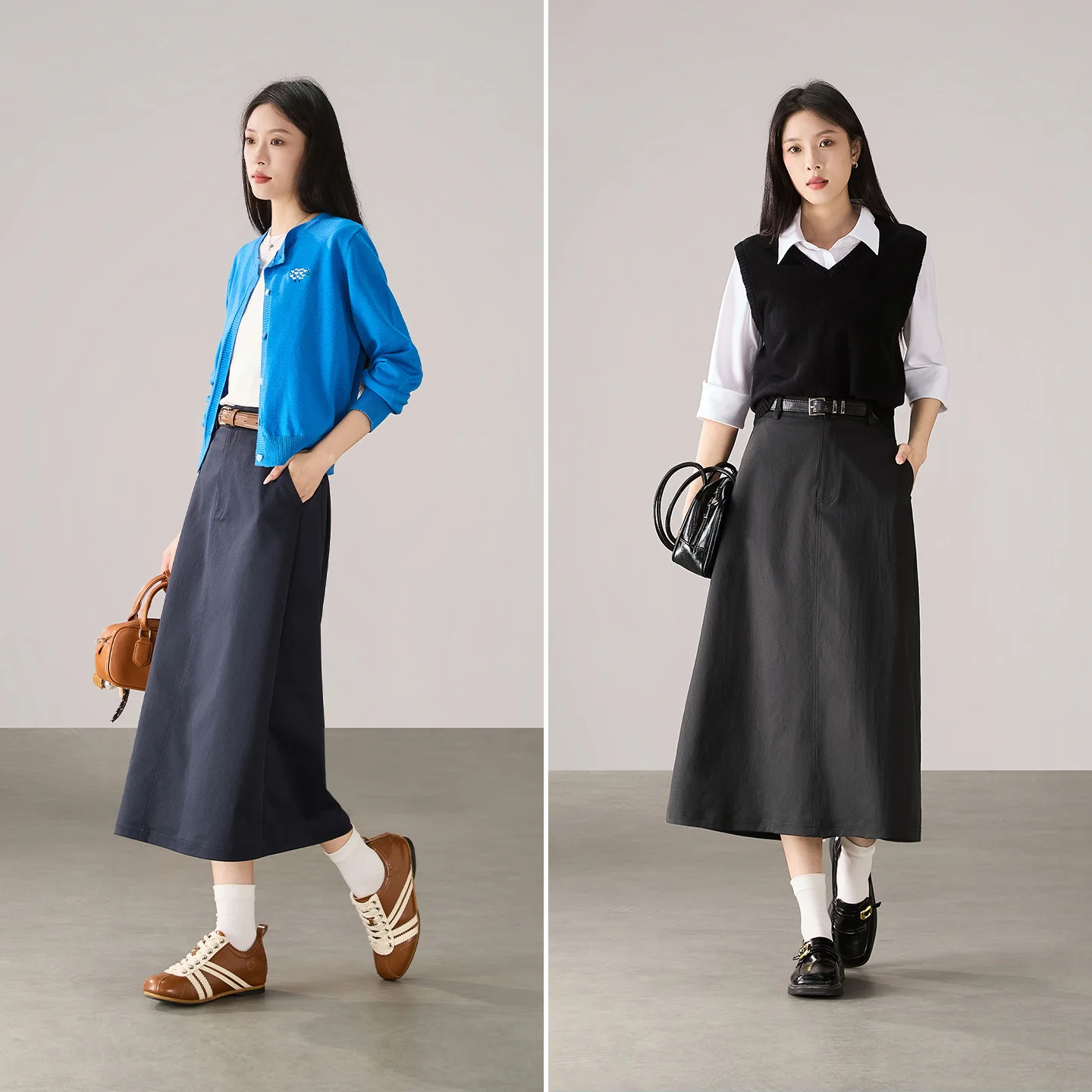 SENTUBILA Women's Simple Midi Skirts 2026 Spring Autumn Ladies Elastic Waistline A Line Skirt for Woman Female Clothes 163QA8161